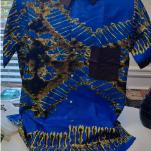 Stylish Blue and Brown African Print Bazin Fabric Shirt with Short Sleeves